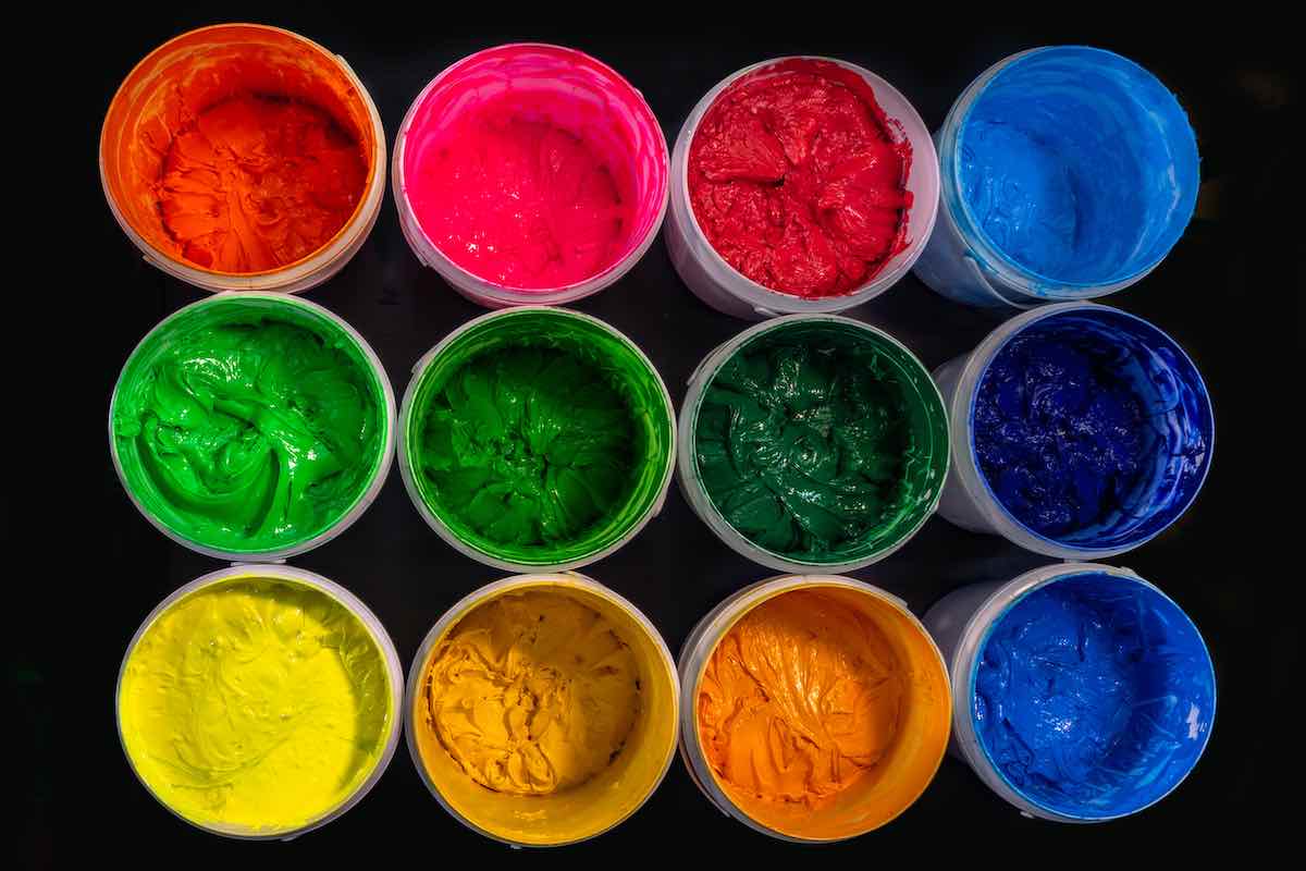 pots of coloured screen printing ink
